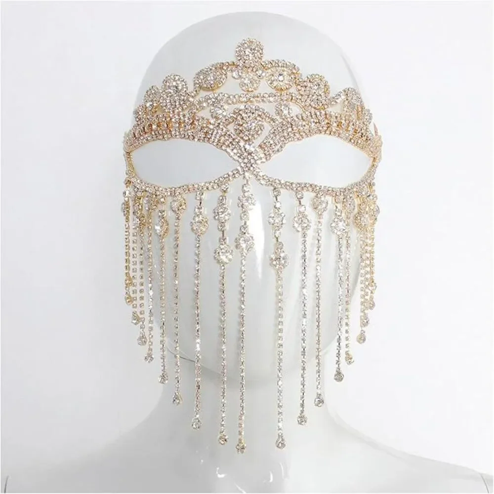 Women's Rhinestone Tassel Veil Masks Forehead Chain Rave Crystal Chains Mask